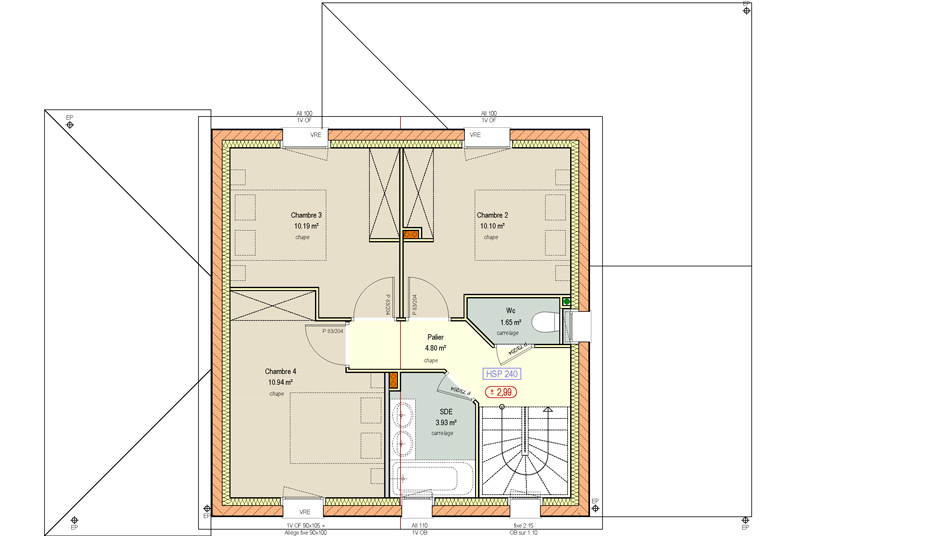 Plan d'une maison à étage avec toit en tuiles