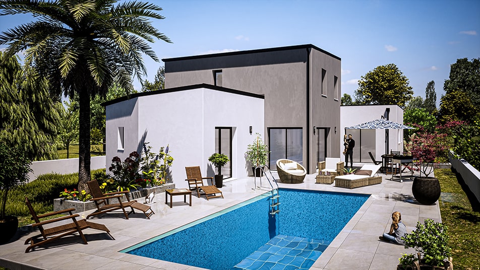 Jardin et piscine d'une maison à étage avec toit plat