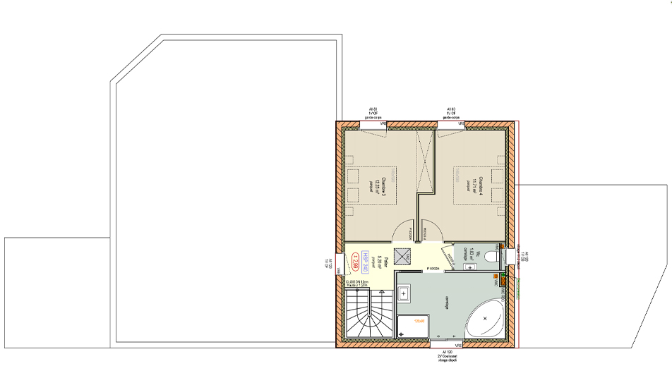 Plan de l'étage d'une maison à étage avec toit plat