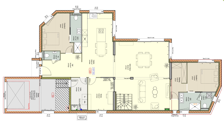 Plan du rez-de-chaussée d'une maison à étage avec toit plat