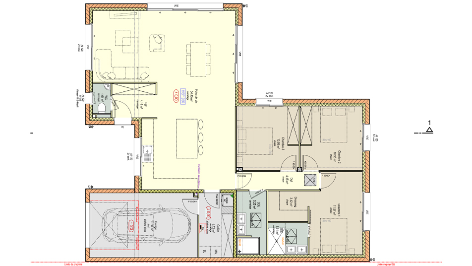 Plan d'une maison de plain-pied à toit plat