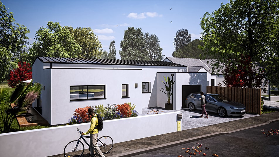 Vue de la rue d'une maison de plain-pied à toit plat