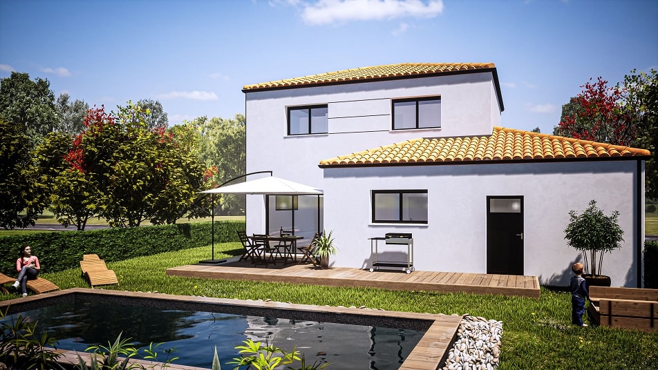 Terrasse d'une maison à étage avec toit en tuiles