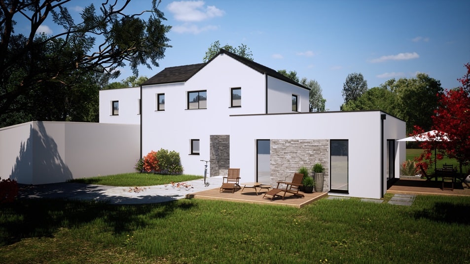 Arrière d'une maison à étage avec toit en ardoises
