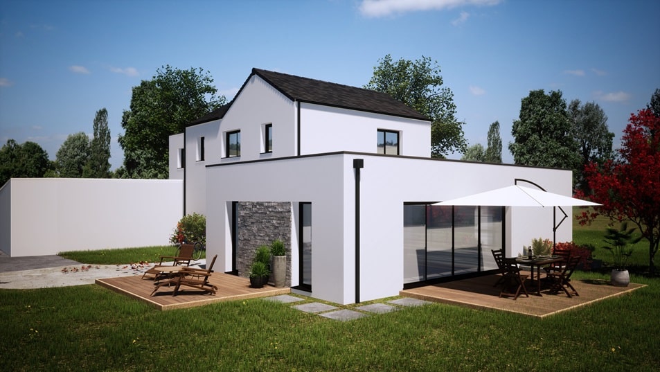 Jardin d'une maison à étage avec toit en ardoises