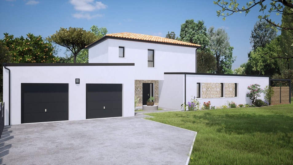 Garage d'une maison à étage avec toit en tuiles