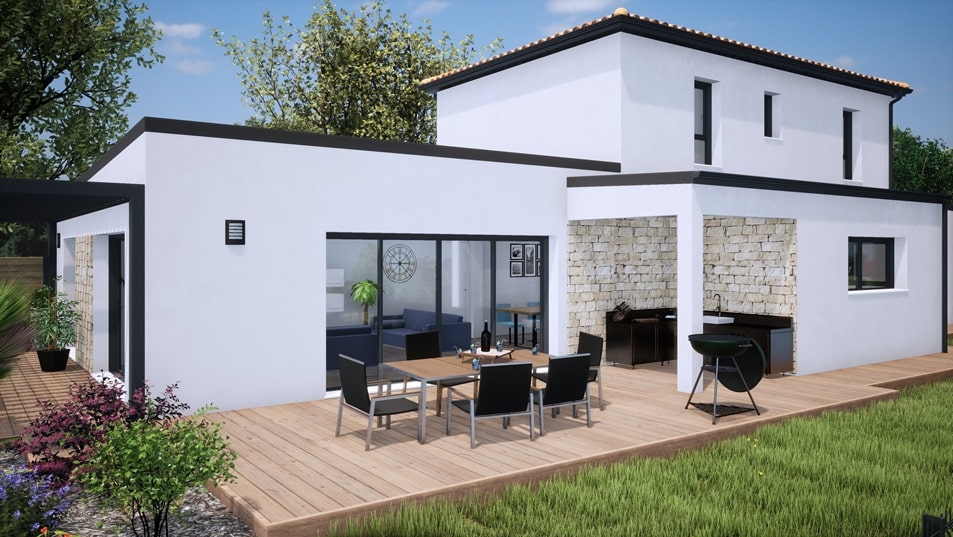 Terrasse couverte d'une maison à étage avec toit en tuiles