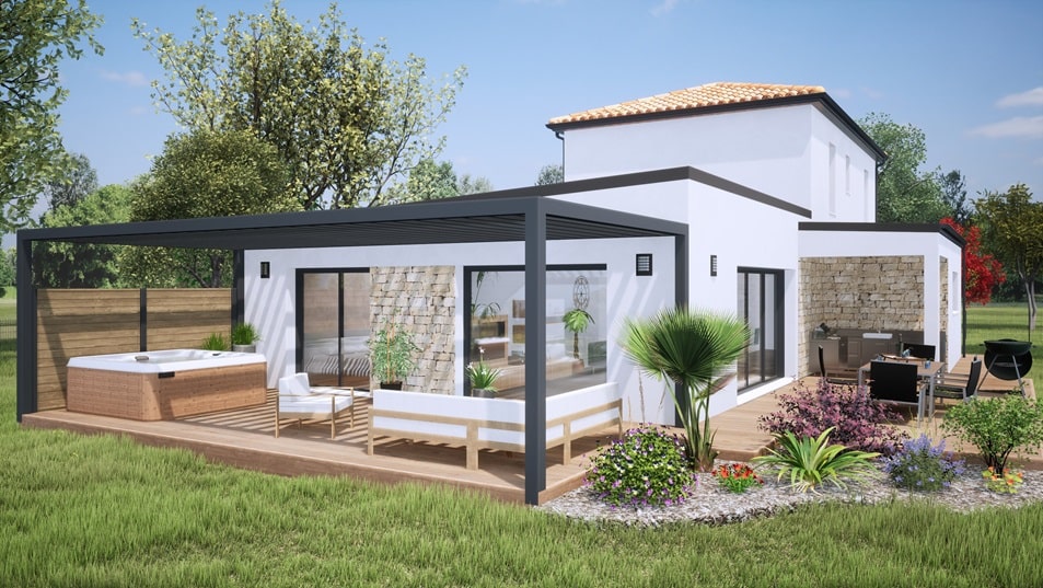 Terrasse d'une maison à étage avec toit en tuiles