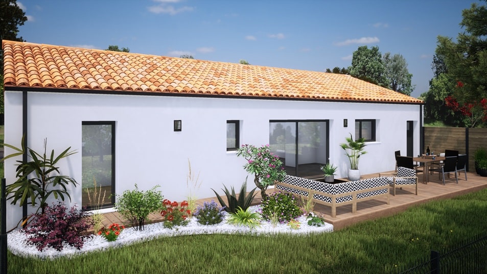 Jardin d'une maison de plain-pied avec toit en tuiles