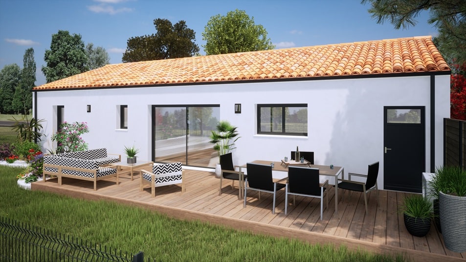 Terrasse d'une maison de plain-pied avec toit en tuiles