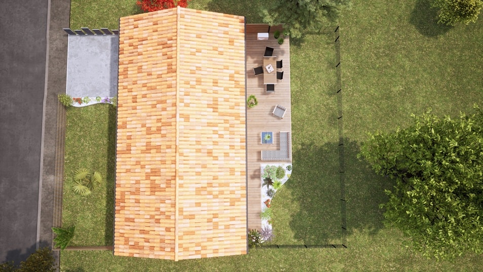 Vue aérienne d'une maison de plain-pied avec toit en tuiles