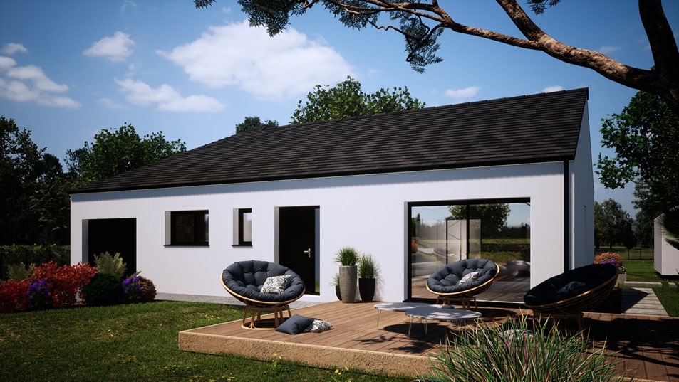 Vue arrière d'une maison de plain-pied avec toit en ardoises