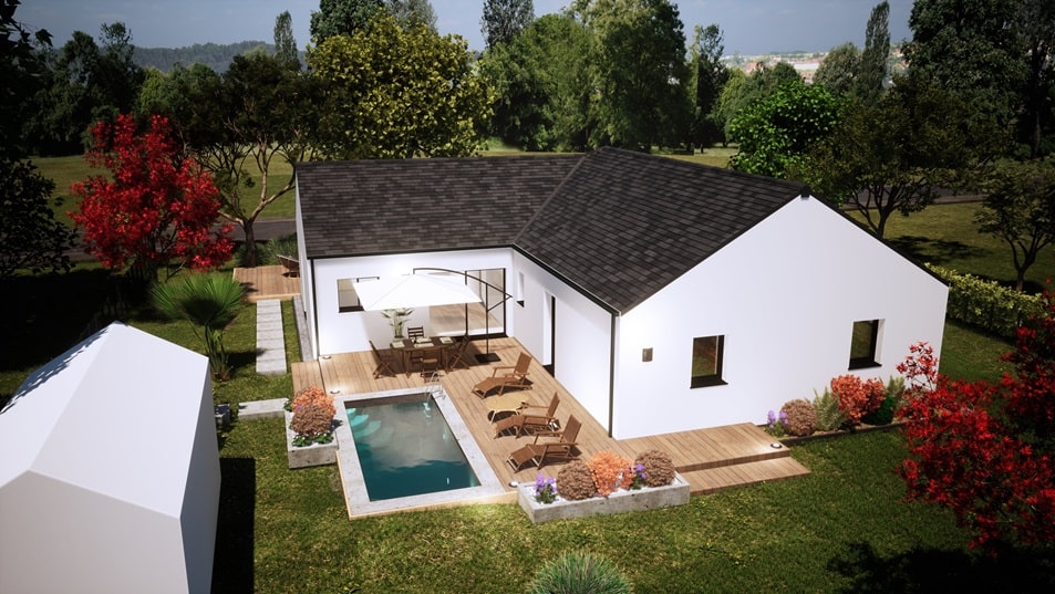 Jardin d'une maison de plain-pied avec toit en ardoises
