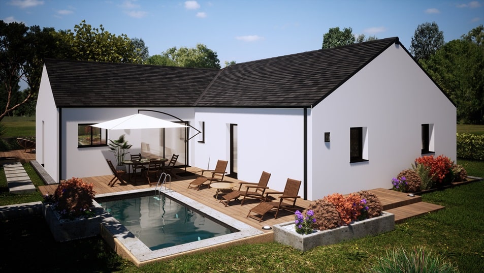 Piscine d'une maison de plain-pied avec toit en ardoises