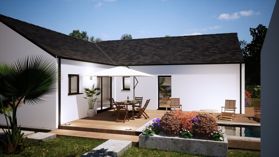 Terrasse d'une maison de plain-pied avec toit en ardoises