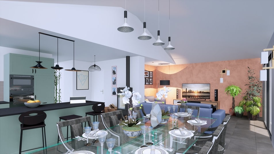 Salle à manger d'une maison à étage avec toit en tuiles
