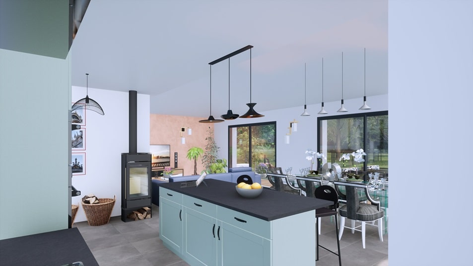 Salon d'une maison à étage avec toit en tuiles
