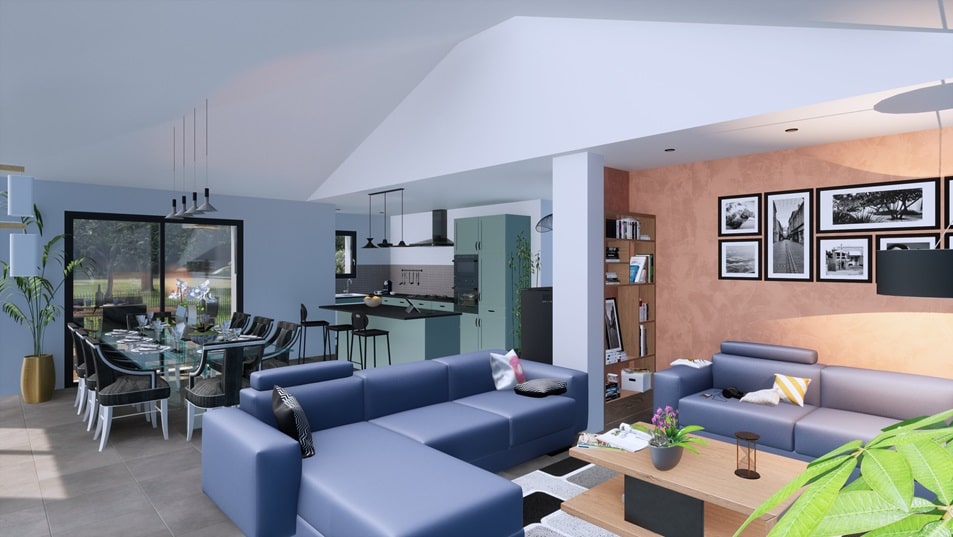Salon d'une maison à étage avec toit en tuiles