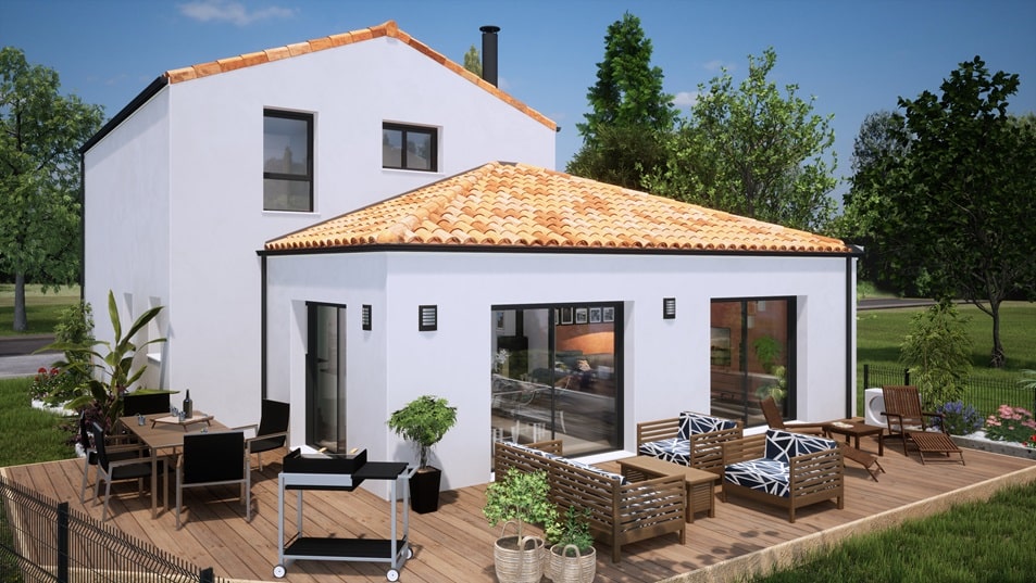 Terrasse d'une maison à étage avec toit en tuiles