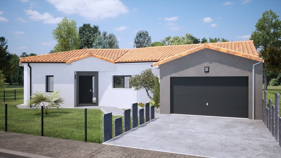 Vue de la rue d'une maison de plain-pied avec toit en tuiles