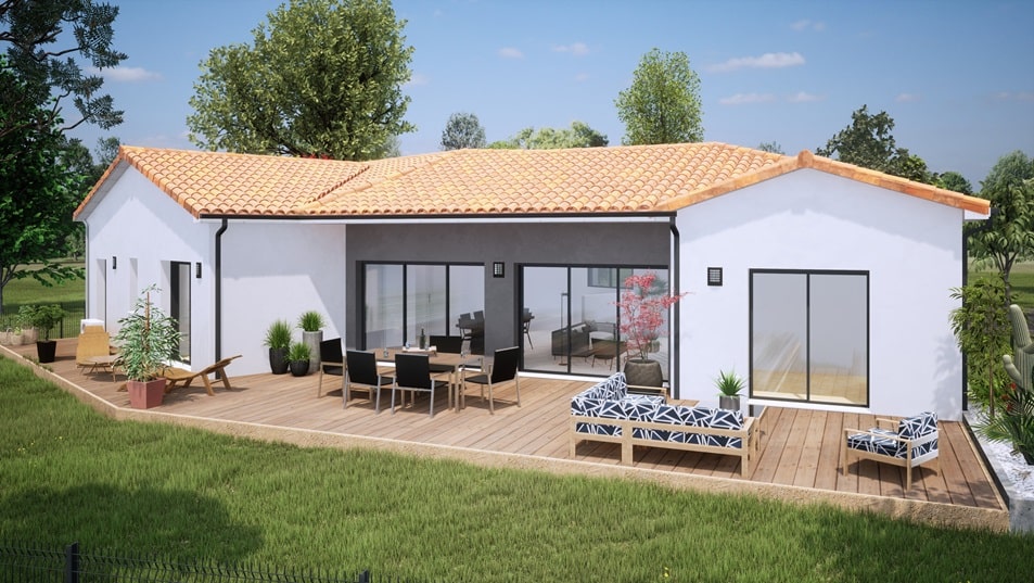 Terrasse d'une maison de plain-pied avec toit en tuiles
