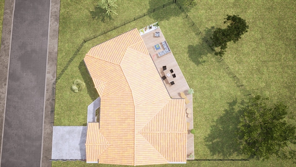 Vue aérienne d'une maison de plain-pied avec toit en tuiles