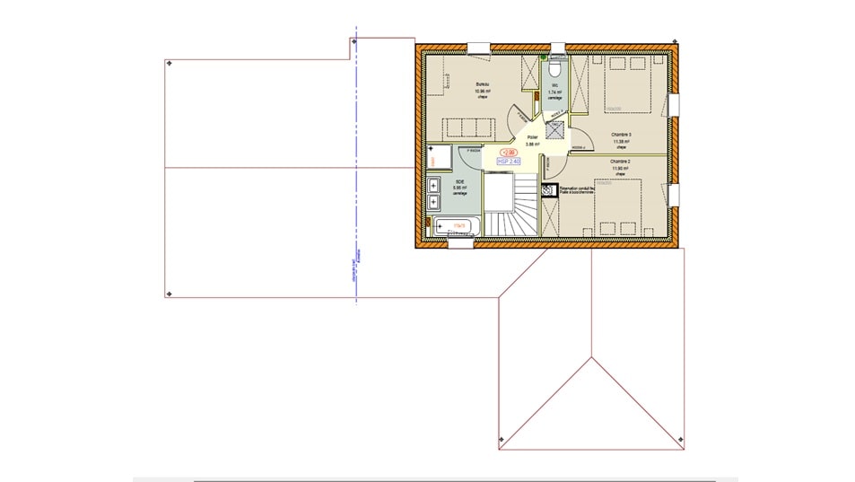 Plan d'une maison à étage avec toit en tuiles - étage