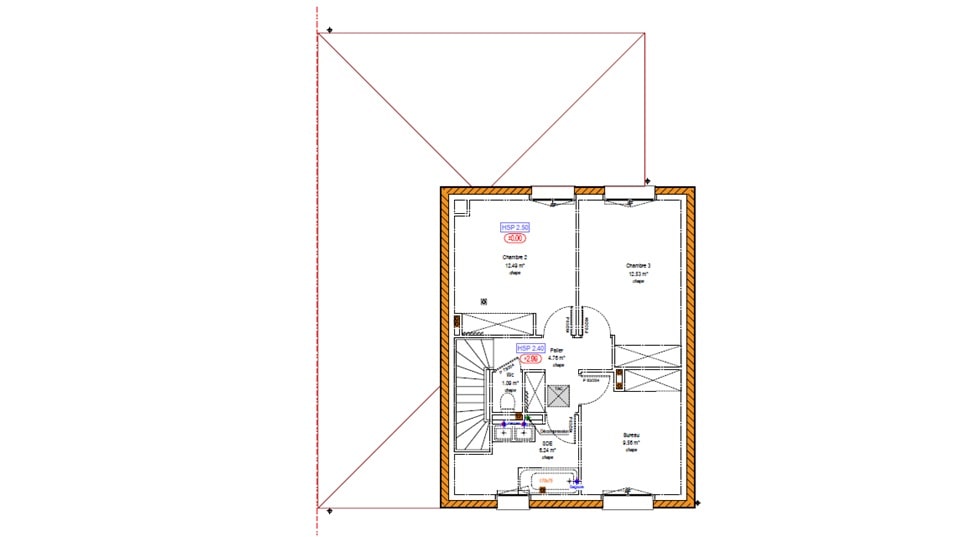 Plan d'une maison à étage avec toit en tuiles - étage