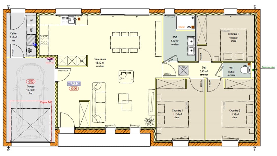 Plan d'une maison de plain-pied avec toit en tuiles