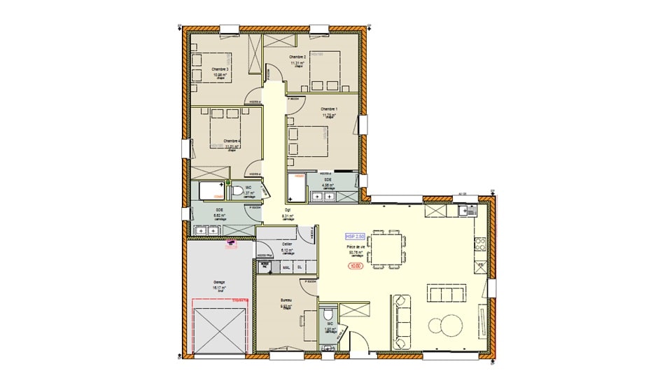 Plan d'une maison de plain-pied avec toit en ardoises