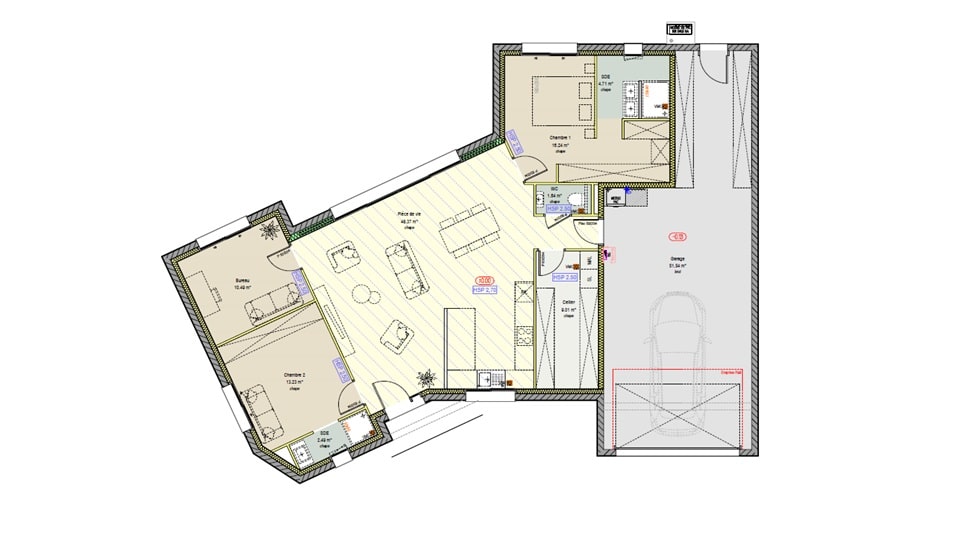 Plan d'une maison de plain-pied avec toit en tuiles