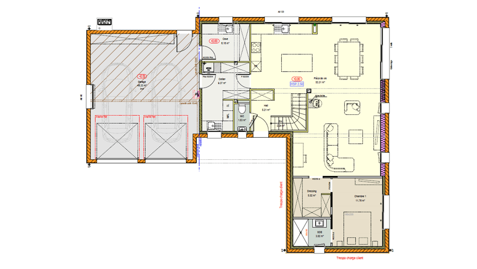 Plan d'une maison à étage avec toit en tuiles - rez-de-chaussée