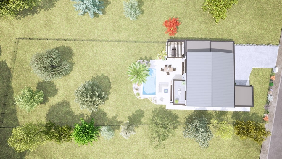Vue du dessus d'une maison à étage avec toit plat