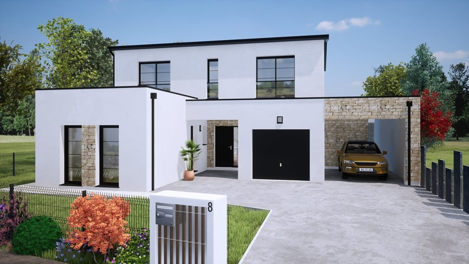 Entrée d'une maison à étage avec toit plat