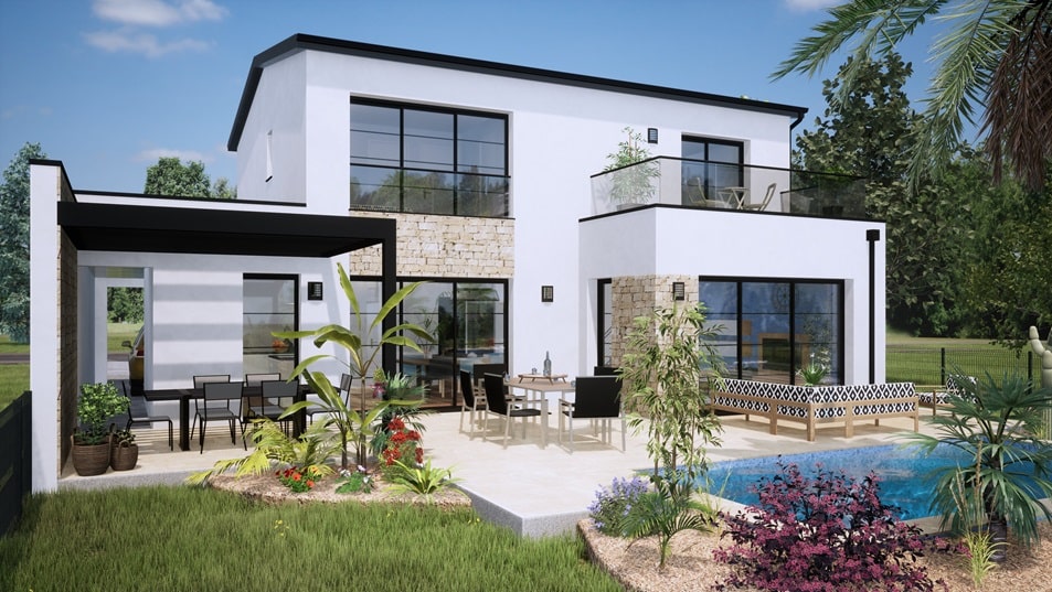 Jardin d'une maison à étage avec toit plat