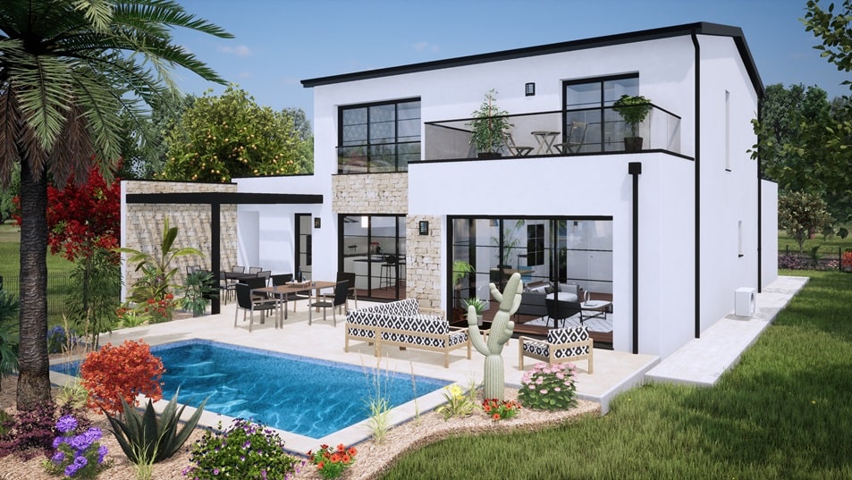 Piscine d'une maison à étage avec toit plat