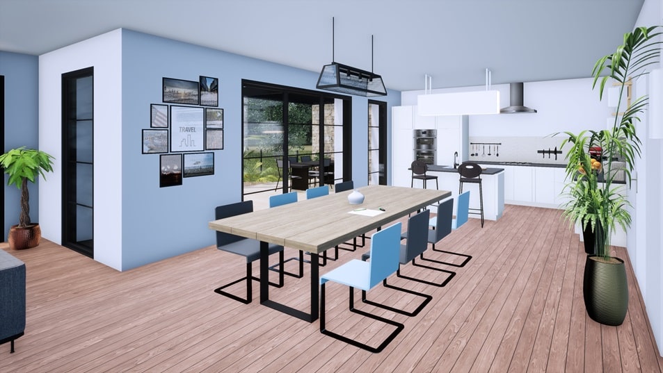 Salle à manger d'une maison à étage avec toit plat