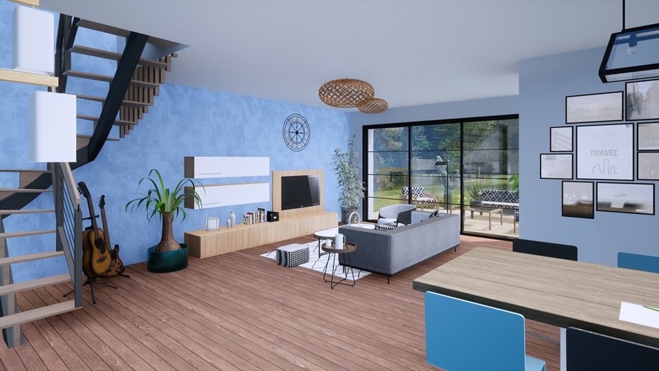Salon d'une maison à étage avec toit plat