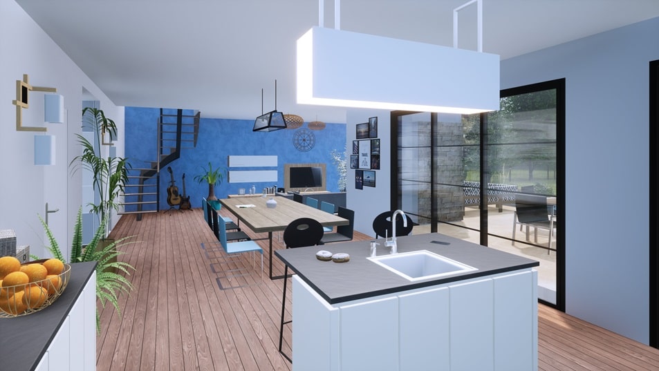 Séjour d'une maison à étage avec toit plat