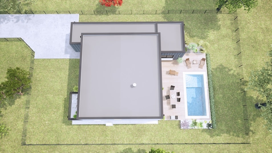 Vue du dessus d'une maison à étage avec toit plat
