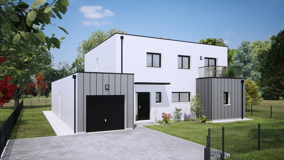 Garage d'une maison à étage avec toit plat
