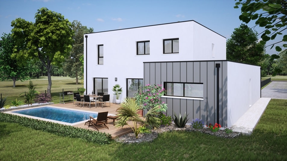 Jardin d'une maison à étage avec toit plat