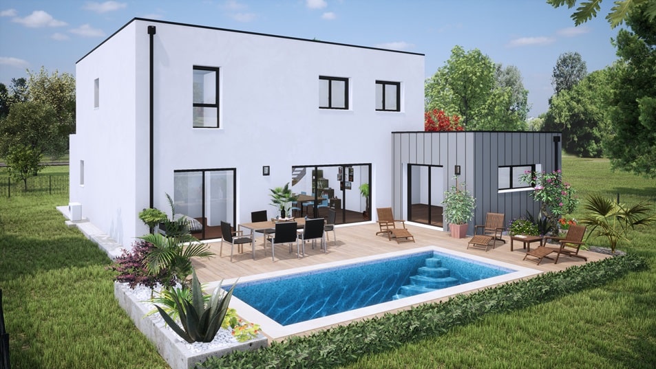 Piscine d'une maison à étage avec toit plat