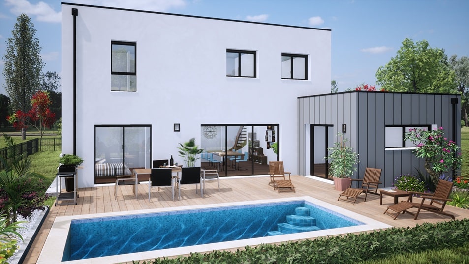 Terrasse d'une maison à étage avec toit plat