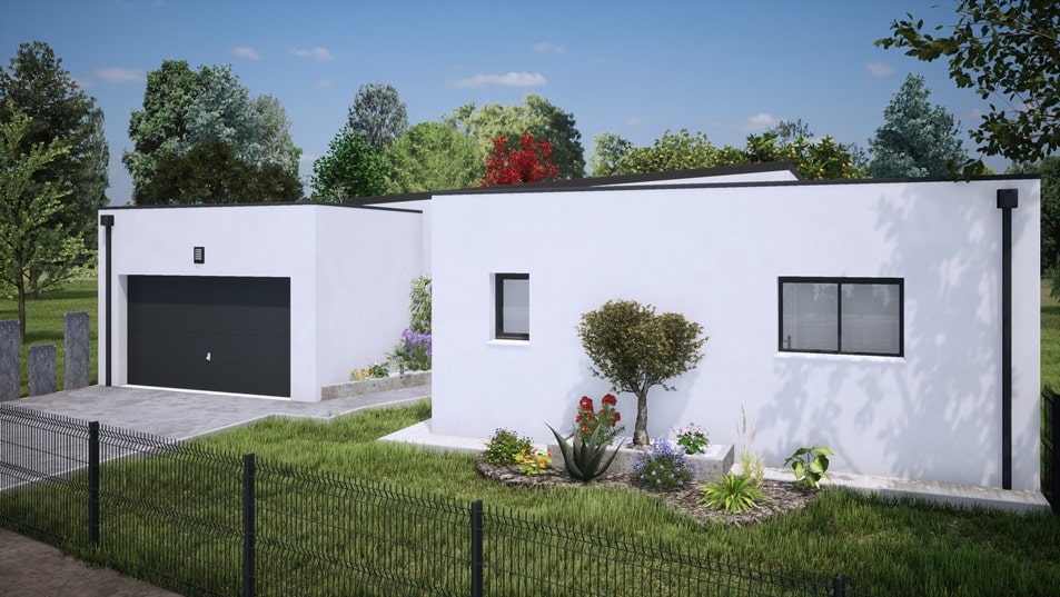Vue de la rue d'une maison de plain-pied avec toit plat