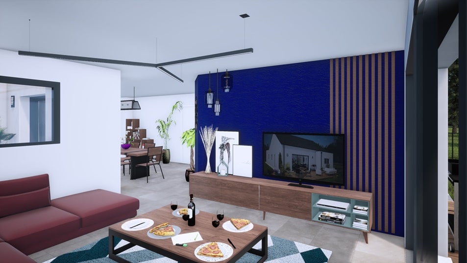 Salon d'une maison de plain-pied avec toit plat