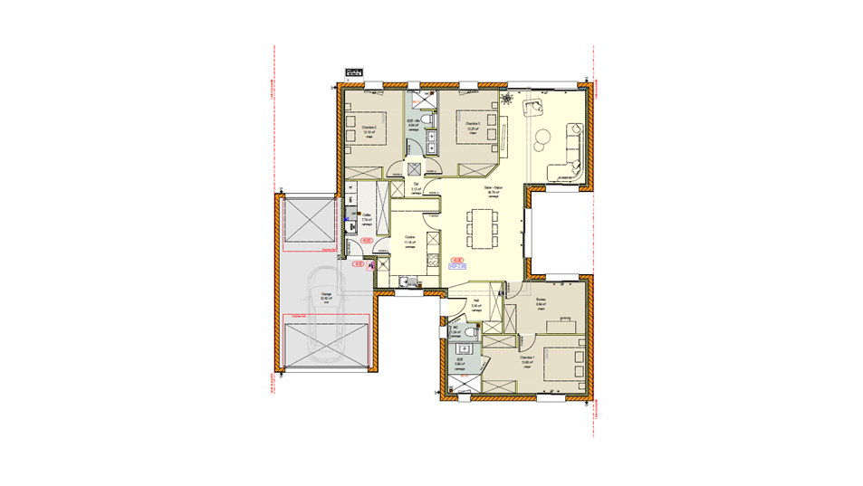 Plan d'une maison de plain-pied avec toit plat