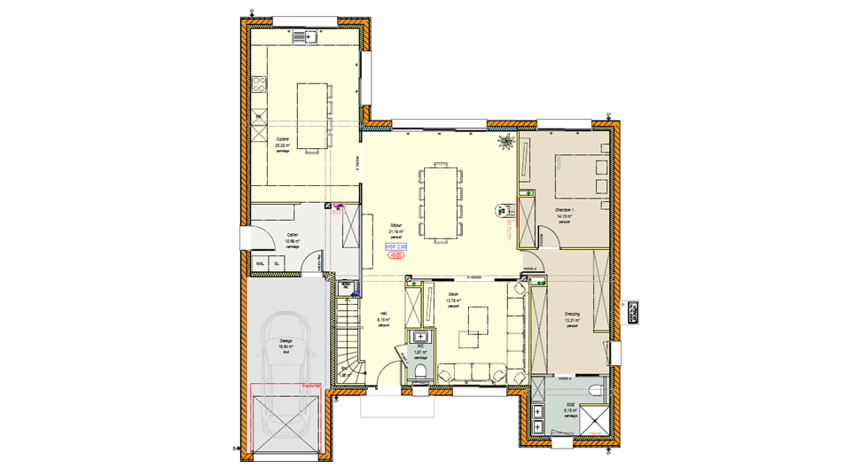 Plan du rez-de-chaussée d'une maison à étage avec toit plat